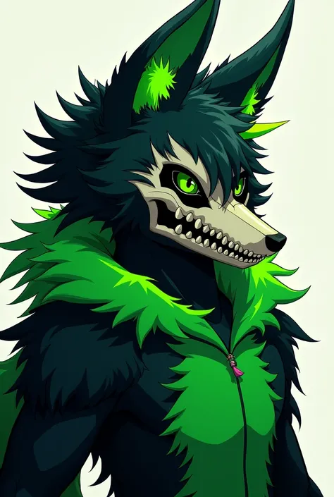 Fursuit fe fox ,  anime style,  anthropomorphic fox,  black and neon green fur ,  with neon green horns and a dog skull mask that covers his entire face,  with a lot of fur ,  black sclera and green eyes , humanoid