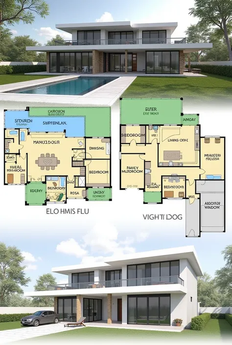 Plan de maison avec cour avec double garage separe de la maison par un carport, entrée sous le carport qui donne dans le garde manger attenant a la cuisine ouverte sur la salle a manger et salon avec grande baie vitré donnant sur une piscine. Cote droit de...