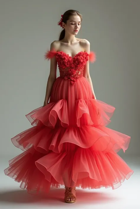  It is a dress made of gauze and red silk that helps highlight the paleness of my skin .  The shoulders are bare and have sleeves made of tulle that reach my elbows .  An infinite number of pieces of fabric in the shape of petals are attached to the upper ...