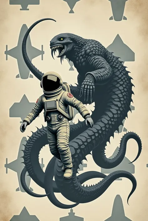 retro astronaut, alien monster, kraken, and space ship wall paper, shades of grey, repeat pattern


