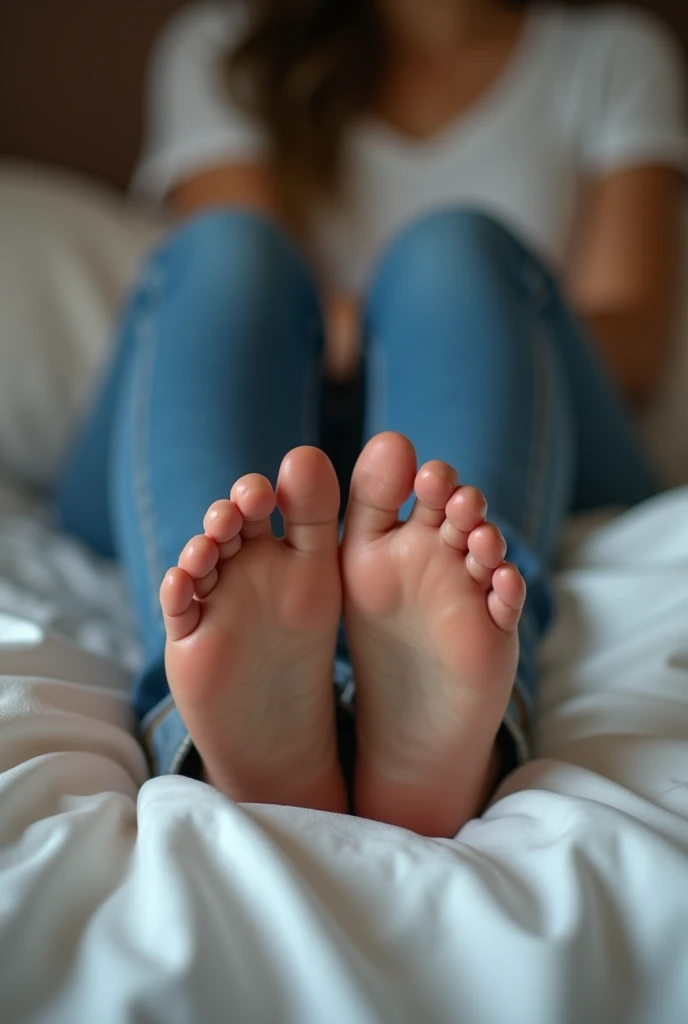 Pieds très réaliste d’une fille en jean dans son lit