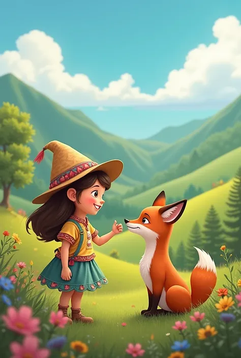 A cute  girl , Talking to an Andean fox
