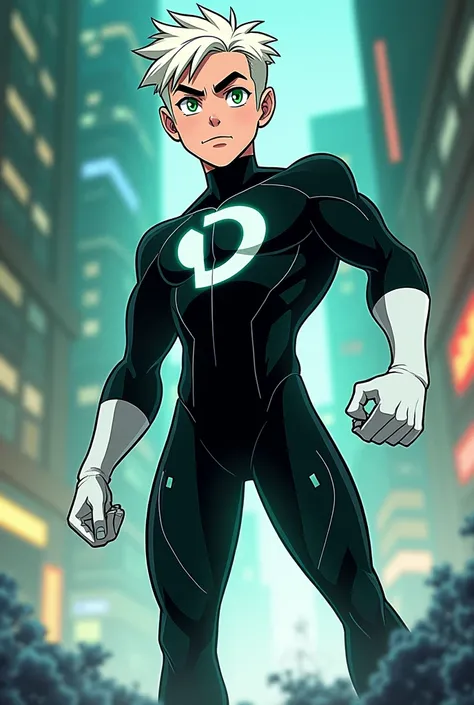 Give me an image of Danny Phantom handsome young adult with his short white hair and green eyes wearing his full black suit with his short white boots and short white gloves with a letter D on his chest doing fighting poses showing off his strong body full...