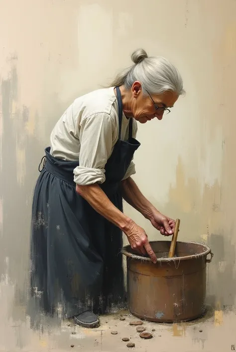 This is an abstract painting of an elderly woman doing housework, with lines, light beige and dark gray as the main colors, rough brushstrokes and loose shapes.


