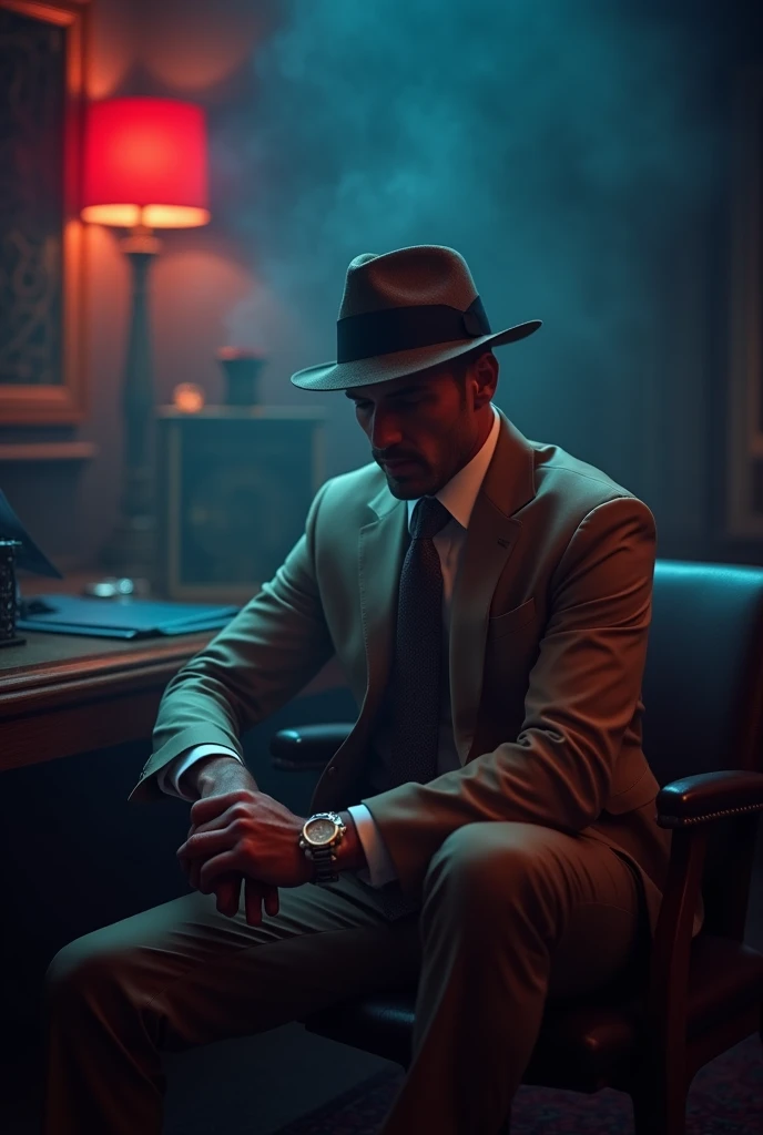 A man wears a light brown mens suit and a light brown hat Sitting in the office There is smoke and red and blue lighting 
