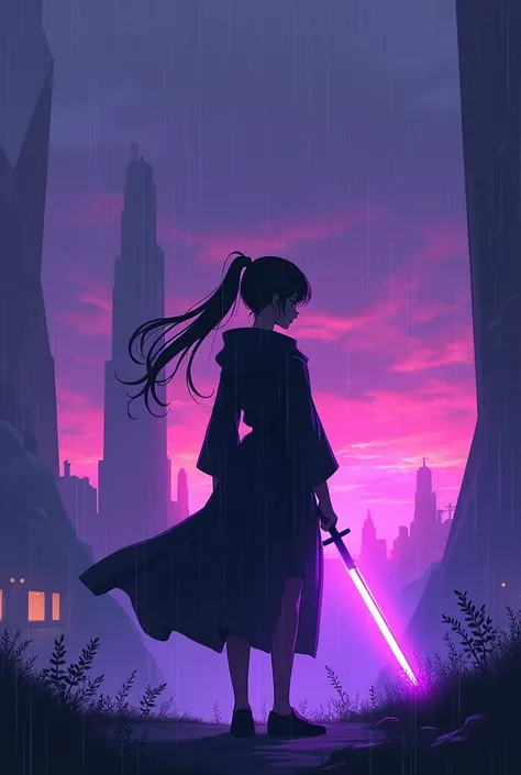  Futuristic anime landscape with rain during purple hour ,  the silhouette of an anime girl in black clothes has her feet and she is holding a purple katana,  image of 140 x 140 XP  . As animated as possible  