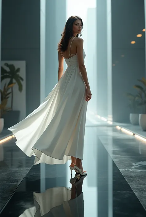 On the black glass floor . matte black.  Very beautiful white silk futuristic dress.  White high heel sandal .  Fantastic futuristic silk dress . sumptuous. Beautiful beautiful pose beautiful . wind.