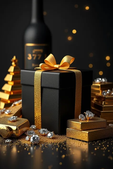 Black gift , tied with a gold ribbon, on the gift there is a sign with the numbers 371 ,  near the gift a pyramid of gold bars ,  diamonds and dollar bills in batches of , everything around is black 