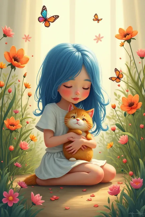 A blue haired girl holding a cat is sitting on the ground, with flowers in the foreground and large plants and various flowers and butterflies in the background. The scene is very warm. This painting adopts the style of a whimsical rens book illustrator, w...