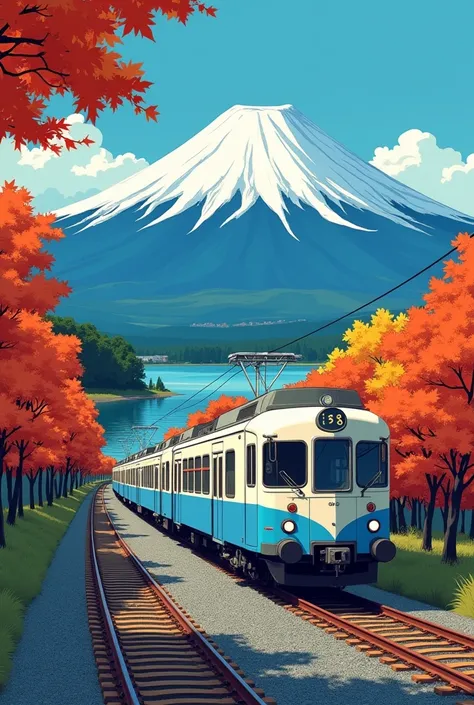 A train on the tracks, Mount Fuji in autumn with colorful leaves and lake water, in the style of Hiroshi Nagai, retro anime style, Japanese painting, white background, blue sky, highly detailed, hyper-realistic


