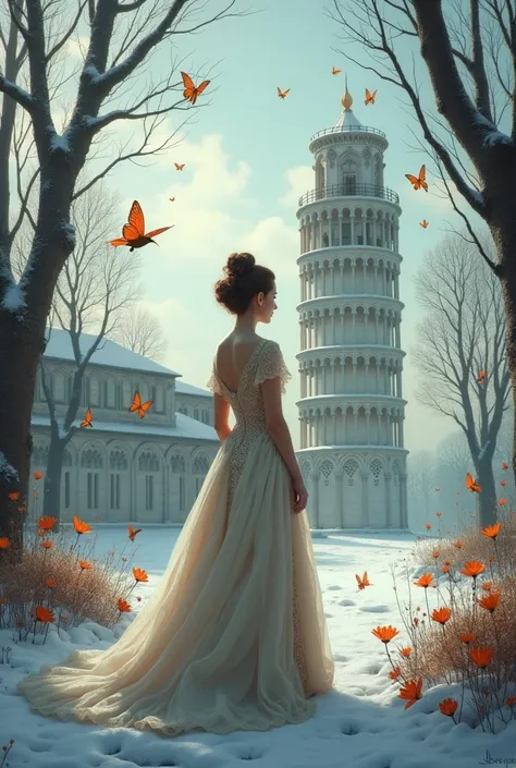 Victorian woman , Leaning tower Pisa ,  hummingbirds and butterflies, Winterwald