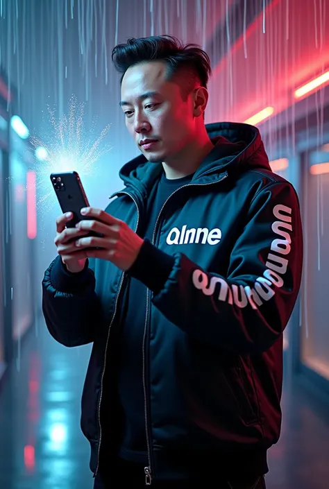 Let Elon Musk show his phone screen and write wınxonline on his jacket and rain BTC from behind 