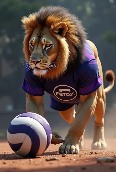 volleyball uniform, Lion,  volleyball logo gray black and purple,  animal stalking ,  volleyball , Logo circular, FEROZ letters  