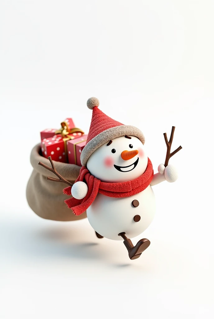 snow man running to delivery christmas gifts, cute, 3d, cartoon character, white background,


