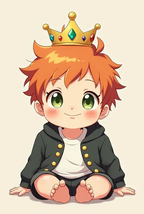 An anime-style artwork of a slightly chubby young boy with short, messy orange hair and big, expressive green eyes, sitting on his knees in a relaxed pose. He wears a small golden crown adorned with colorful jewels, a dark gray open jacket with gold button...