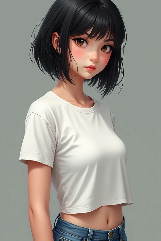 Teen girl , white t shirt , blue jeans , fit clothes , black hair, medium bobs , fair colour , realistic , wet t shirt , little visible bra , 