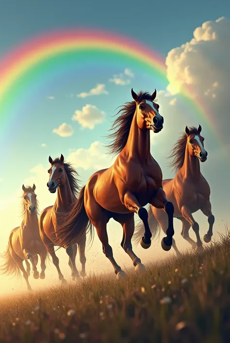 Horses running on a rainbow over the blue sky after the rain