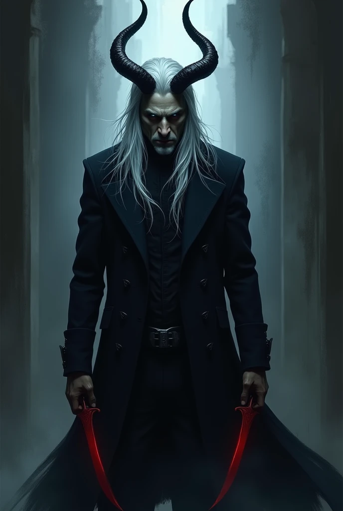 Um Tiefling homem, of gray skin,  Blue Eyes,  silver hair and long horns, with a black overcoat and two red daggers