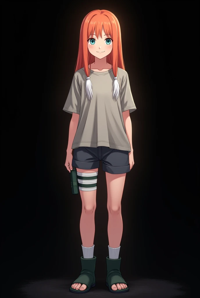 (photoanime:1.2), Female Character from Naruto ( FOURTEEN YEARS ).  full body . Made in anime style Naruto Shippuden .  straight fire-colored hair with two white locks highlighted on the front. loose hair. pale skin.  blue-green eyes . smile. a beautiful g...