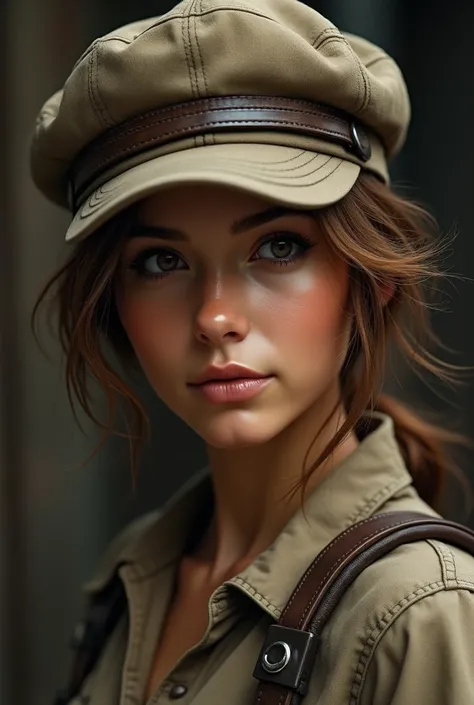 A female smuggler with light brown hair, a shy smile, and a chauffeur hat. Around 20 with a rough look, but still pretty. No makeup. No cleavage, emphasis on no makeup 