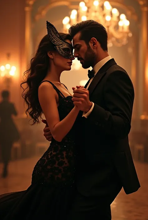 couple dancing. both wears domino mask. The girl is exposing busty cleavage. The male has beard and wears glass.