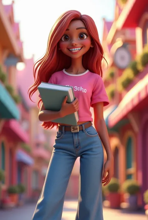 Create a 3D Disney image of self-love of a very fun skinny 30-year-old woman, The woman has light indian-colored skin , DARK RED HAIR AND BLACK EYES .  The woman must wear a pink jersey ,  wide blue jeans on the bottom and Converse sneakers .  The woman ha...