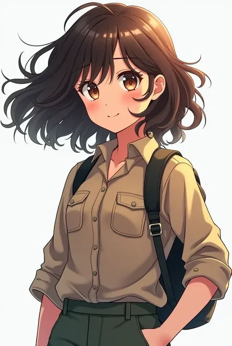  a 15-year-old girl,  anime style , wavy hair 3A , full-bodied, With a cargo blouse and pants,  brown eyes , fly away