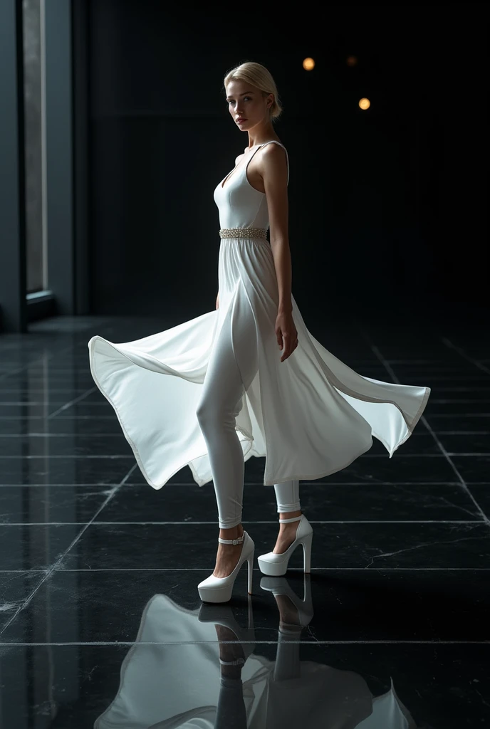 On the black glass floor . matte black.  Very beautiful white silk futuristic dress.  White high heel sandal .  Fantastic futuristic silk dress . sumptuous. Beautiful beautiful pose beautiful . wind. Ventania. Ventania. Futurista 