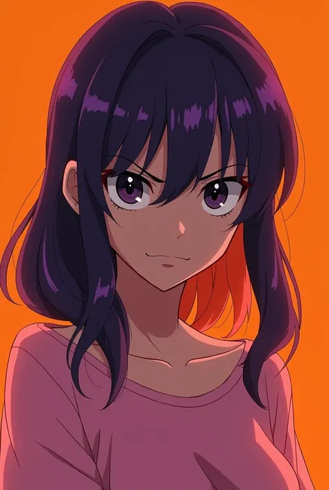  A black-eyed woman with purple hair border orange hair background with a pink blouse anime version set of angry orange hair with white bottom