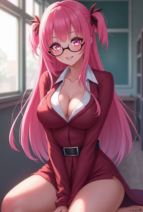 1 girl, pink haire, long haire, pink eyes, smile, sexy body, big breast, HDR, 8K, school, sexy teacher clothes, piernas largas, glasses, in the center of image, sexy anime 