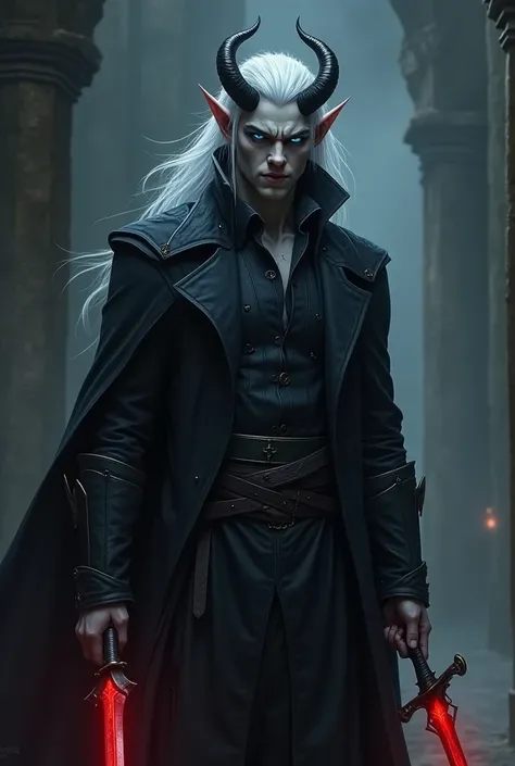 Tiefling D&D, man, Young adult, of gray skin,  Blue Eyes,  silver hair and long horns, with a black overcoat and two red daggers Smiling.