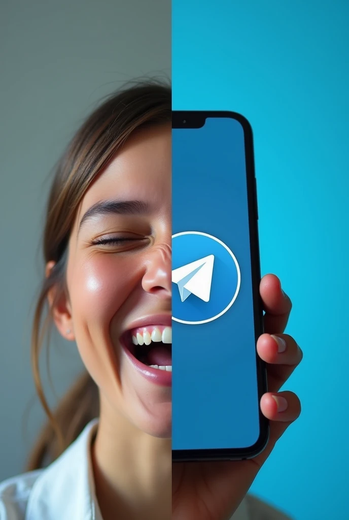 Proffessional picture that show a beautiful  in one side laughing and another side the phone with telegram icon face on phone screen 
With the caption "problem solved to fix"