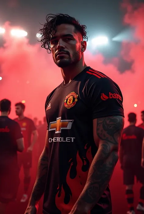  white man,  wavy black hair,  has a tattoo on his arm, Eclectic physique , muscular,  wearing a black Manchester United jersey with red details on the shoulders and the texture of fiery flames on the sides and in the jersey number. In the stands of a socc...