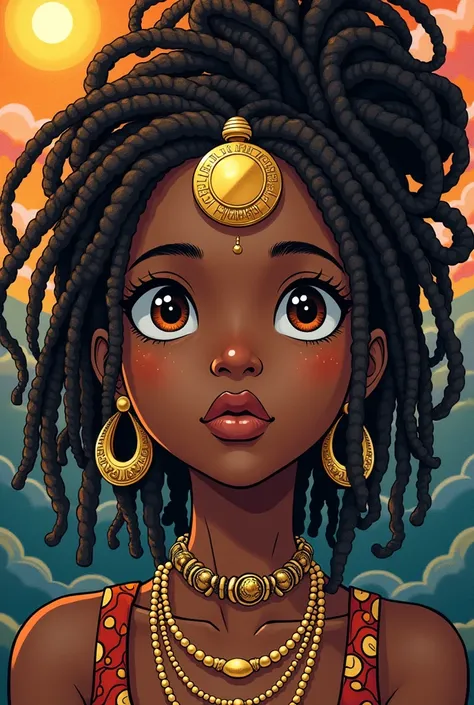 a young girl with dreadlocks and a gold medallion on her head, afrofuturism anime, portrait of willow smith, stunning character art, portrait willow smith, epic exquisite character art, afrofuturism, rossdraws | afrofuturism, rens art in artstation, afrofu...