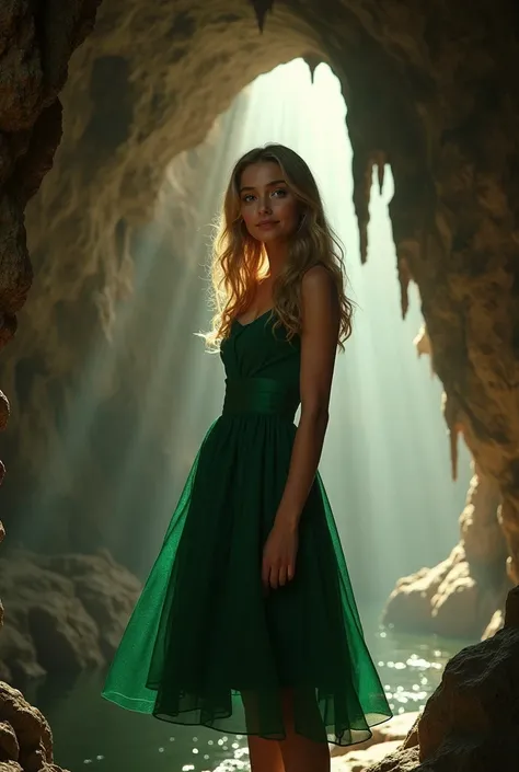 one teenager standing in a cave, (Audrey Hepburn!), (long curly blond hair), green dress, looking at the viewer, cute smile