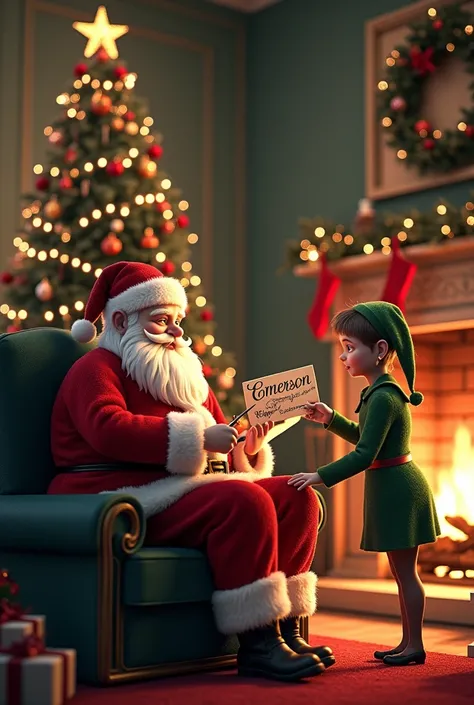 Santa and elf writing the name Emerson christmas tree and fireplace background 