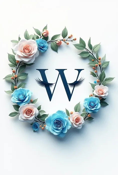 Create a logo with the initials V V ,  LASHES with light blue or turquoise colors, with roses around and golden mascara