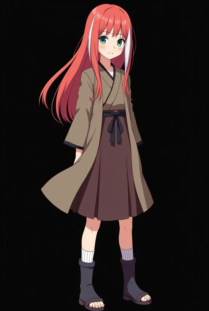 (photoanime:1.2), Female Character from Naruto, Age: .  full body . Made in anime style Naruto Shippuden . Height: 1,58 m,  Weight: 45 kg,  straight fire-colored hair with two white locks highlighted on the front. loose hair. pale skin. Light blue-green ey...