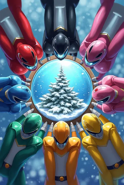 Red, blue, green, yellow, pink and black power ranger holding a snow glibe