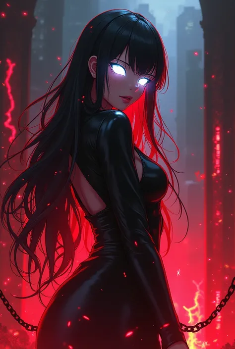 2D anime character himeno, actress figure Standing in front, red and black color lighting,glowing eyes, Undoing background,thunders, WHITE flame eyes, grainy art, creativity, originality, inspiration,Ghost Black,white eyes, chains background, eyes of flame...