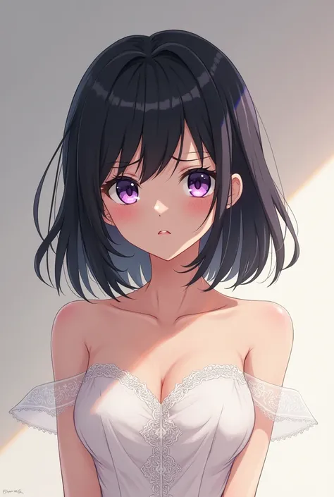 A bride anime girl with medium black hair and violet eyes who is sad