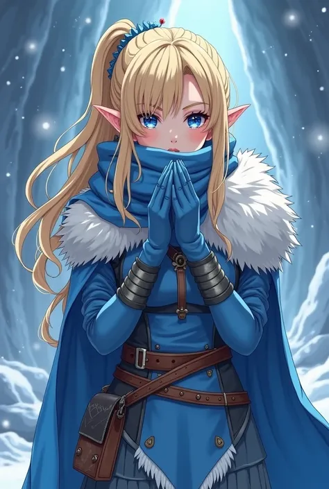  make an elf in the anime RPG style with blond hair with a blue lock,  she has blue armor and she is in an ice cave ,  has a fuzzy coat over the armor ,  her eyes are blue and she has a very large scarf , This scarf has big hands 