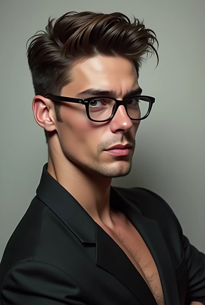 I would like the image of a man with glasses ,Flakito  , of average height,  in a suggestive pose half effeminate .