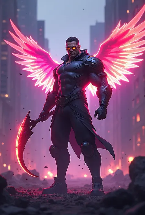 Create a futuristic male character with a flaming wing from the Free Fire game on a violet war background, holding a futuristic scythe, with the text FREE FIRE in neon style