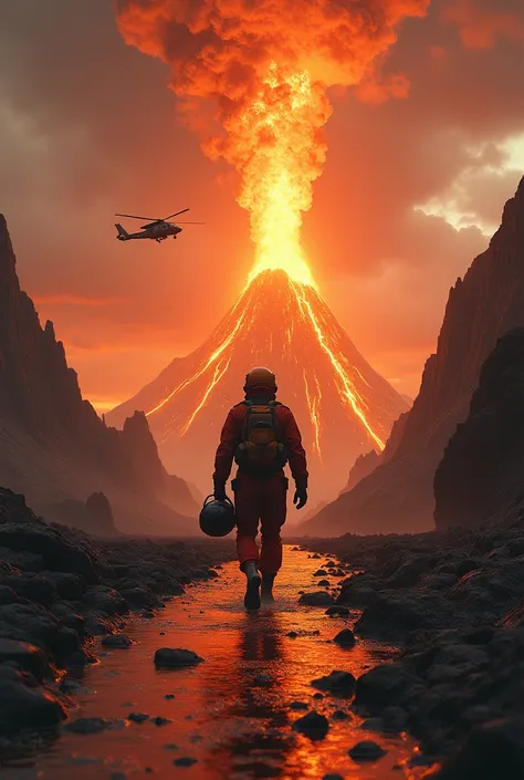  Volcano erupting a helicopter leaving the crater and a pilot walking through the washing machine with the.helmet in the hands  