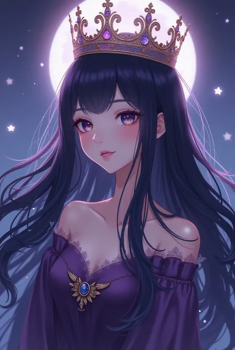 an anime girl with dark purple hair wearing a crown with moon in the background wearing dark purple dress