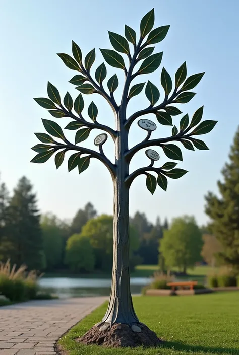 sign with metal stem with metal branches and several signs simulating leaves forming a tree