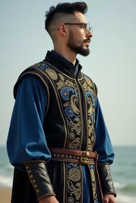 Full body image of a young man with fair skin and a very short shaved beard. He has almost shaved black hair, with shaved sides. He wears a modern black and blue Christian tunic with gold embroidery, with a leather belt on the hip with very detailed gold e...