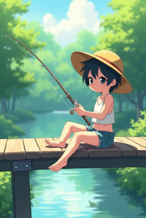  anime character : 
 boy,  , shorty, thin,  short black hair , black and shiny eyes, white pele.  white cropped regatta showing belly,  short shorts showing thighs,  straw hat . Sitting fishing on a bridge .