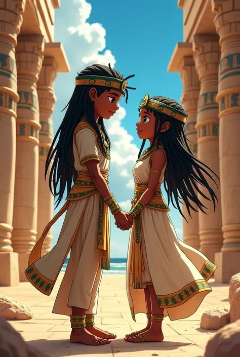 Black African anime boy and girl character dressed in Egyptian Atire with dreadlocks